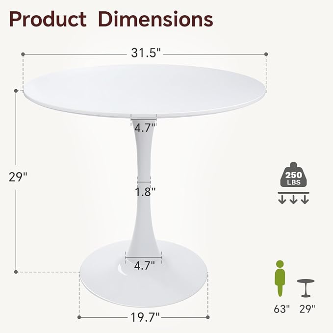 Small Space 31.5 Inch White Round Tulip Dining Table - Modern Pedestal Base Kitchen Table for 2-4 People - Easy Assembly & Easy to Clean