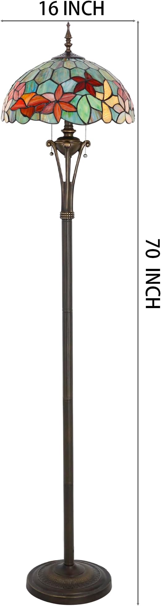 Tiffany Floor Lamp Red Yellow Green Flowers Stained Glass Standing Reading Light 16X16X70 Inches Antique Pole Corner Lamp Decor Bedroom Office Living Room