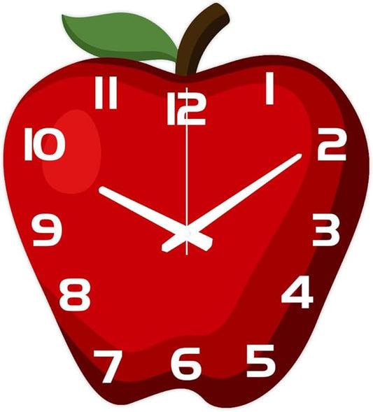 CHGCRAFT Apple Pattern Wall Clock 14.7 Inch Wood Grain Non-Ticking Irregular Shape Clocks Wall Hanging Clock Battery Operated for Bedroom Living Room Kitchen Office