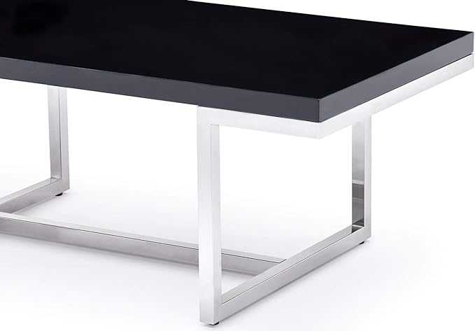 Modern Straz Coffee Table Glossy Black Lacquer Top Polished Stainless-Steel Base