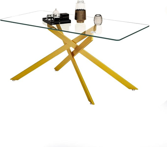 60" Glass Dining Table Modern Kitchen Table for 4-6 People, Contemporary Rectangular Dining Room Dinner Tables with Clear Glass Top & Gold Metal X Legs for Kitchen Apartment