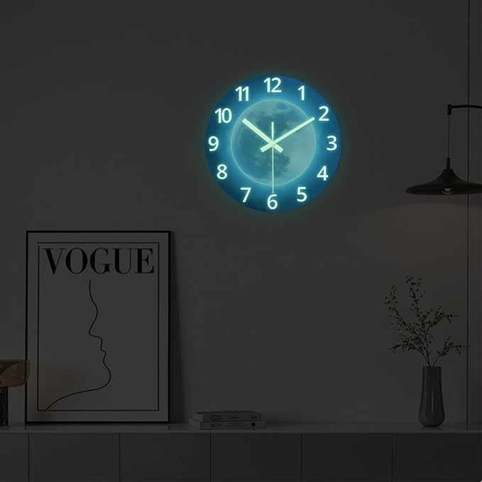Blue Decorative Wall Clock for Kids 16 Inch Large Glow in The Dark Clock for Living Room Decor Analog Wall Clock Silent Non Ticking