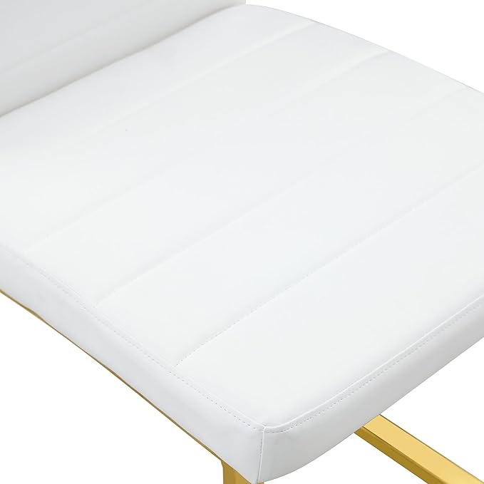 Modern Dining Chairs Set of 6, White Faux Leather Kitchen Chairs, Upholstered Armless Dining Room Chair with Gold Mental Legs Heavy Duty, Comfortable (White and Gold, Set of 6)
