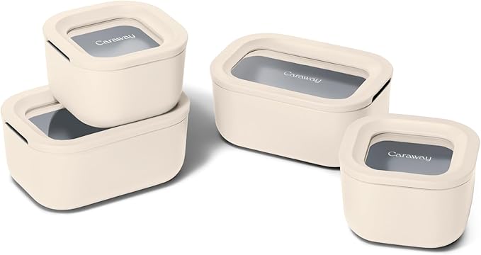 Caraway Mini Food Storage 9pc Set - Glass Storage Containers for Food - Non-Toxic Ceramic-Coated Glass - Air Release Technology - Compact & Stackable Design - Cream
