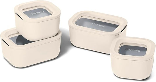 Caraway Mini Food Storage 9pc Set - Glass Storage Containers for Food - Non-Toxic Ceramic-Coated Glass - Air Release Technology - Compact & Stackable Design - Cream