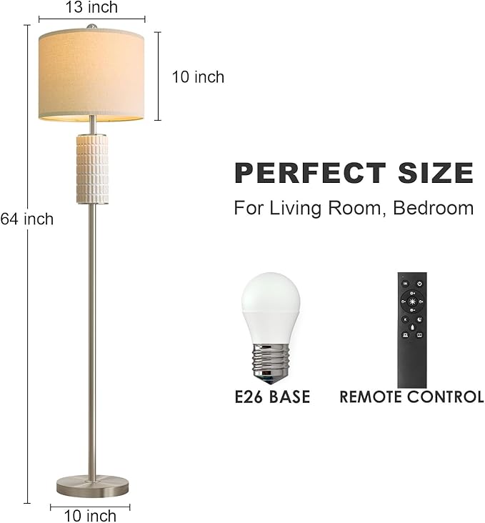 PoKat Ceramic Floor Lamps with Remote, 64" Modern Floor Lamps for Living Room with Stepless Dimmable Colors Temperature, Tall Standing Lamp for Living Room Bedroom Office, 9W Bulb Included, Silver