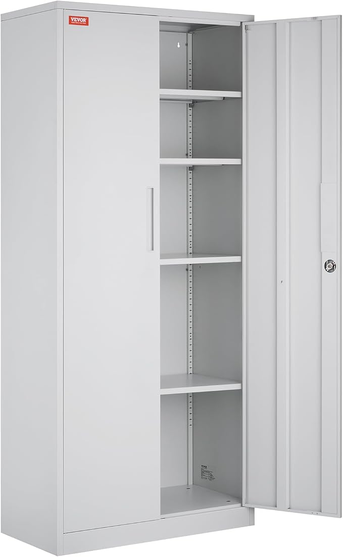 VEVOR Metal Storage Cabinet, Steel Locking Storage Cabinet with 2 Magnetic Doors and 4 Adjustable Shelves, 71'' Metal Cabinet 200 lbs Capacity per Shelf with 3 Keys, for Garage, Office, Home, White