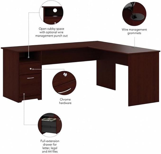 Bush Furniture Cabot 72W L Shaped Computer Desk with Drawers in Harvest Cherry