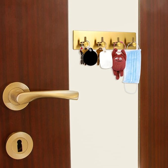 Picowe Key Holder for Christmas Wall Decorative, Adhesive Stainless Steel Key Hooks, Key Hanger Key Organizer Towel Hook Coat Hanger for Entryway Hallway Kitchen (Four Rows, Golden 1 PC)
