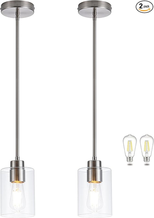 MAYNA 2-Pack Brushed Nickel Hanging Lamps, Contemporary Kitchen Island Pendants with Bulbs, Adjustable Rods Clear Glass Cylinder Lighting for Dining Area