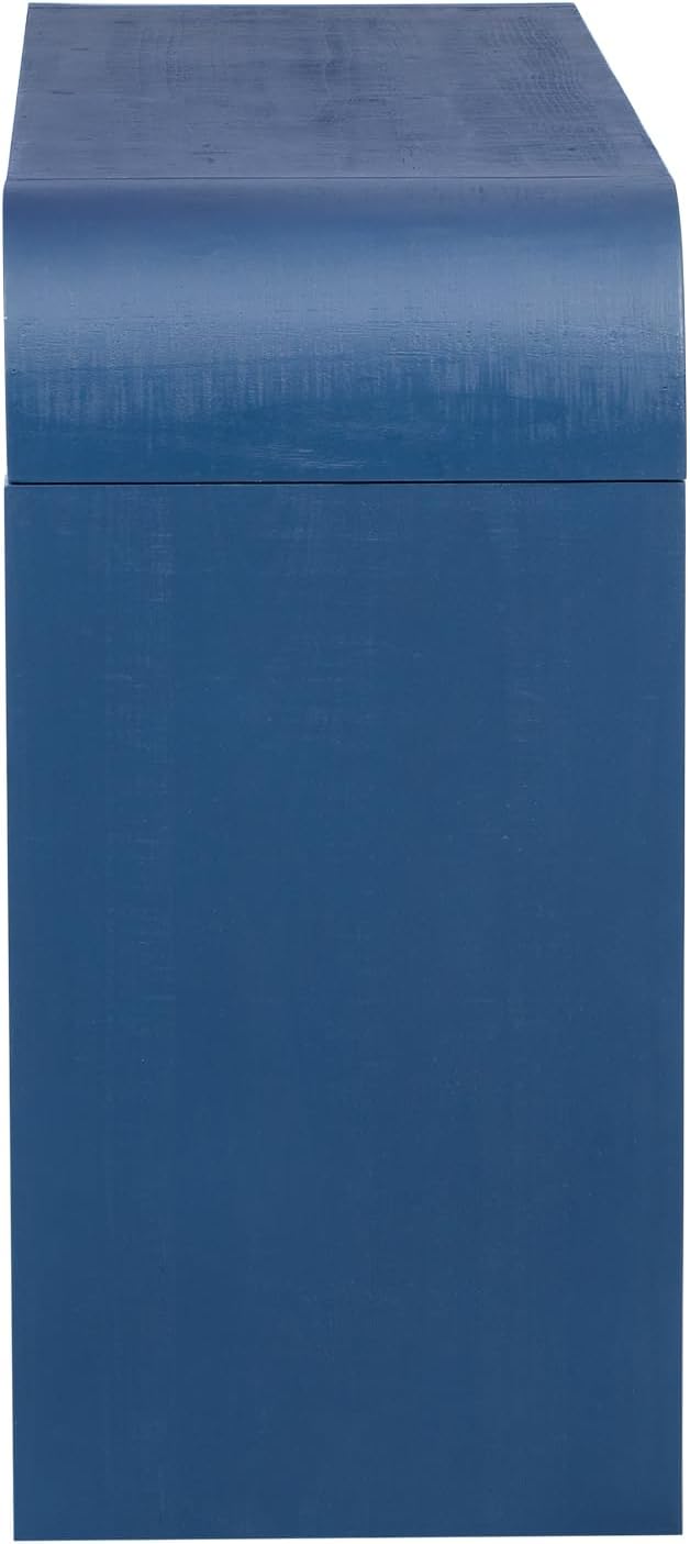 Unique Retro Curved Sideboard with 4 Handwoven Wood Slat Doors, Solid Wood Veneer Accent Entryway Console Table Storage Cabinet for Hallway Living Room Dining Room (Navy Blue-V)