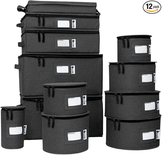Hard Shell China Storage Containers 12-Piece Set Moving Boxes for Dinnerware, Glasses, Plates, Mugs and Saucers Sturdy Dish Organizer with Dividers for Seasonal Storage - Service for 12 - Black