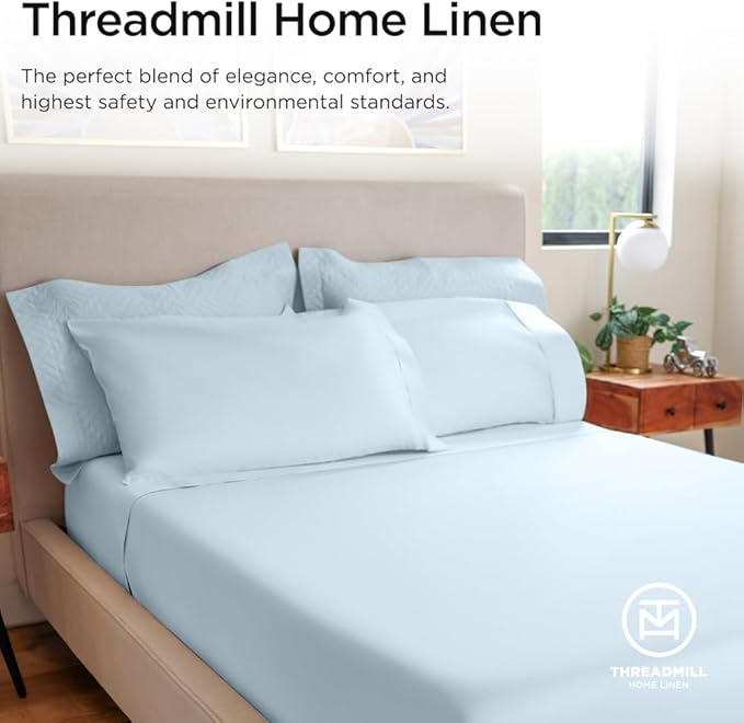 Threadmill 100% Cotton Sheets for Twin Size Bed - 600 Thread Count Twin Bed Sheets Set with 15” Deep Pocket - Sateen Weave 3-Piece Bedding Set with Cooling Effect, Blue