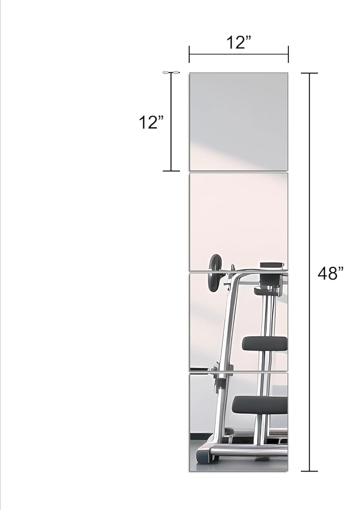 Ruomeng Full Length Wall Mirror Tiles, 12" x 12" x 4Pcs Frameless Wall Mounted Mirror Glass Wall Mirror for Home Gym, Door, Bedroom, Living Room