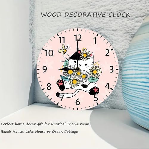 Wall Clock,Cat with Flowers Kitchen Decor and Accessories, Decorative Battery Operated Clocks for Living Room Bedroom Bathroom Farmhouse 12 Inch