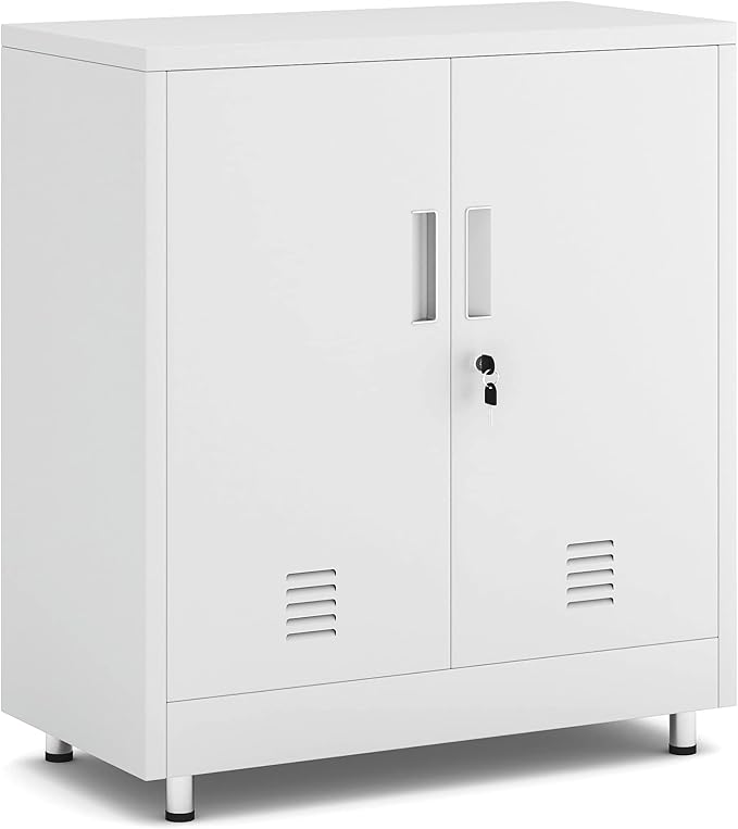 Metal Storage Cabinet with Locking Doors and Adjustable Shelf, Small Lockable Sideboard Buffet Cabinet for Home Office Hallway Entryway Living Dining Room (White)