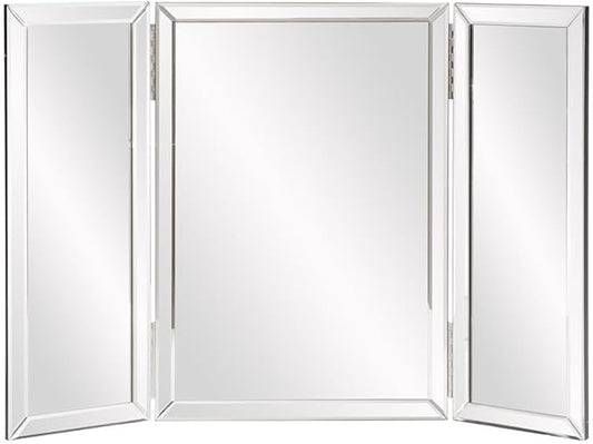 Howard Elliott Tripoli Trifold Vanity Mirror 3 Way TableTop Bedrooms, Bathroom, Makeup Portable Cosmetic & Makeup Mirror with Beveled Edges Tri-fold Mirror, 31 Inch x 21 Inch