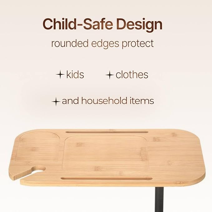 DAVIDOK C-Shaped Sofa End Table, Adjustable Height Couch Side Table with Device Slot, Wood Color with Black Metal Stand, Couch Table for Living Room, Bedroom