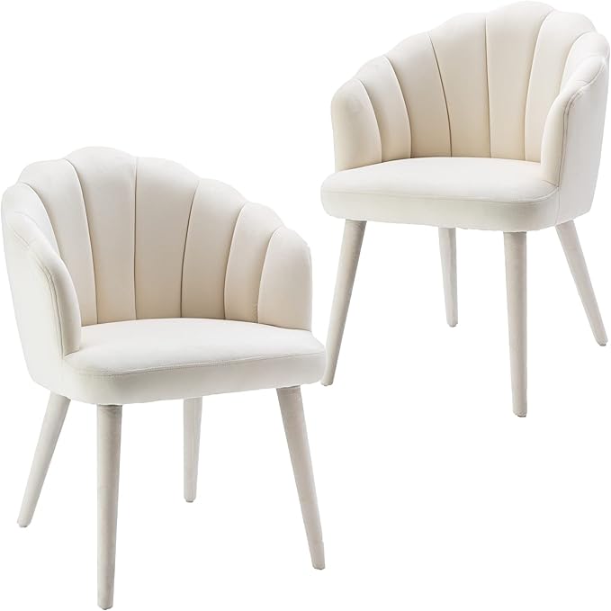 Velvet Dining Chairs Set of 2 Modern Living Room Chairs with Petal Back & Wood Legs Comfy Upholstered Side Chair for Dining Room/Bedroom/Vanity, Cream