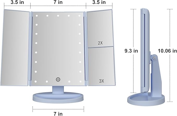 Trifold Makeup Mirror Vanity Mirror with Lights,1X 2X 3X Magnification,Touch Screen,180 Adjustable Rotation,Portable Travel Bathroom Cosmetic Mirror