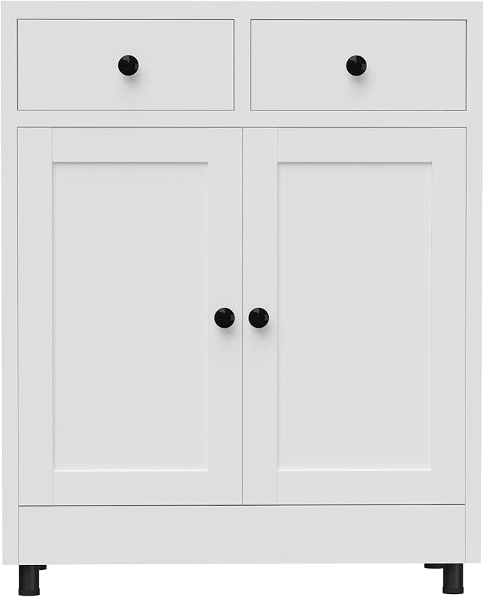 Metal Storage Cabinet with 2 Drawers and Adjustable Shelf, Sideboard Buffet Cabinet for Home, Office, Hallway, Entryway, Living Room, Kitchen Pantry and Dining Room (34.8" H, with Feet, White)