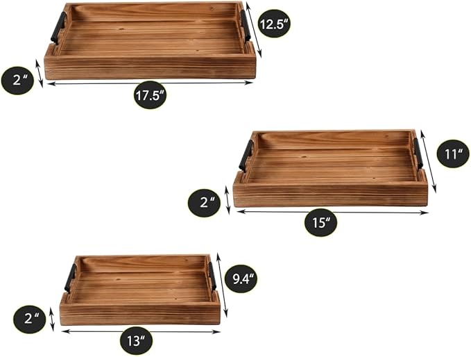 Coffee Table Tray Decorative Nested Vintage Wood Serving Tray Set for Eating, Breakfast, Party, Kitchen, Ottoman,Tea Coffee Table Large Ottoman Trays (Wood, 3Pc)