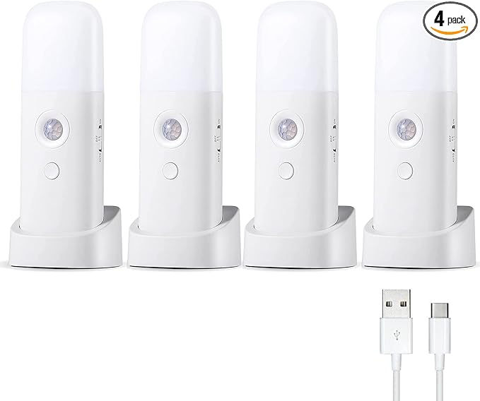 Motion Sensor Night Lights Indoor, Rechargeable Night Light Battery Powered, Portable Nightlight with Adjustable Brightness Activated Table Lamp for Kids, Adults(Cool White, 4Pack)