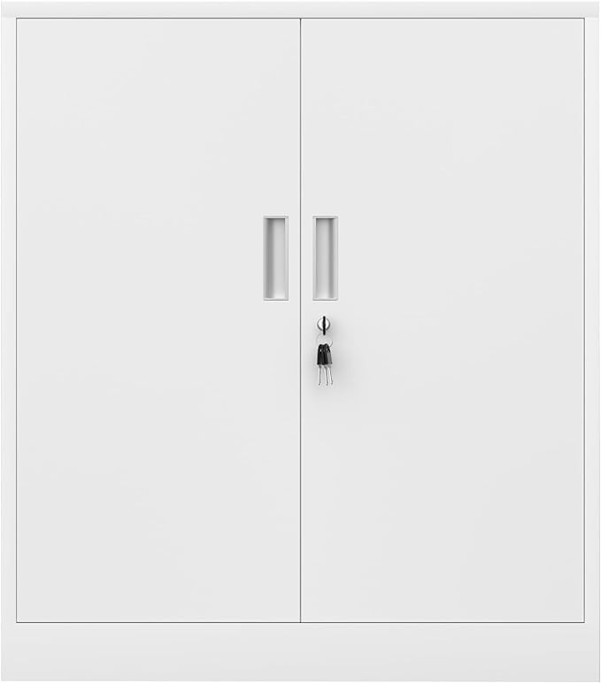 Metal Storage Cabinet with Locking Doors and 2 Adjustable Shelves, Small Lockable Steel Storage Cabinets for Home Office Garage Kitchen Pantry (White)