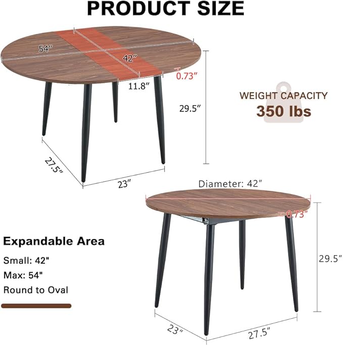 42" Round Dining Table for 4, 54" Oval Dining Table for 6, Extendable Kitchen & Dining Room Table with Metal Legs, Modern Rustic Space-Saving Adjustable Shape Dinner Table, Easy Assembly,Walnut