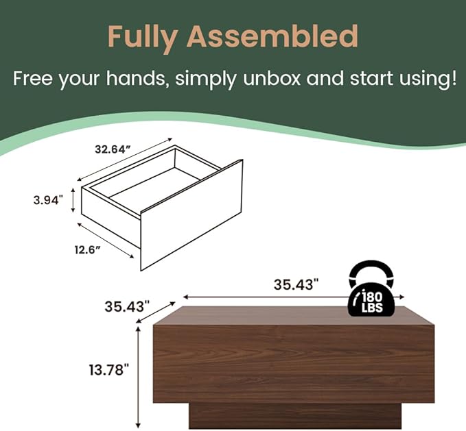 POVISON Modern Square Coffee Table with Storage, 35.43" Wood Coffee Table for Living Room Table Walnut, Fully Assembled