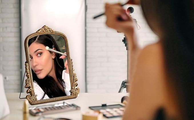 Small Antique Gold Arched Table Mirror - Vintage Vanity Makeup Mirror, Traditional Baroque Style Decor for Bedroom, Living Room, Tabletop 11.8" x 9.6"