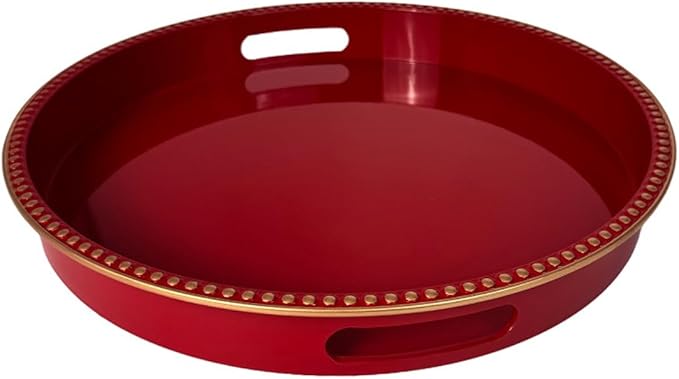 Red Decorative Tray for Coffee Table, Round Beaded Plastic Serving Tray forKitchen Counter, Ottoman, Living Room,(13")