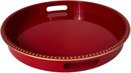 Red Decorative Tray for Coffee Table, Round Beaded Plastic Serving Tray forKitchen Counter, Ottoman, Living Room,(13")