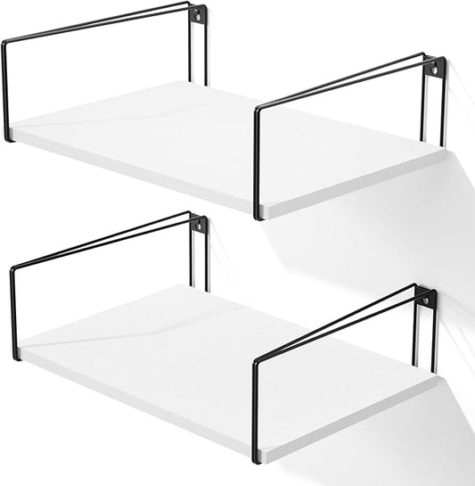 SRIWATANA Wide Floating Shelves, Rustic Wood Wall Shelves Set of 2, Wall Mounted Shelves with Large Capacity for Many Rooms Decor, White