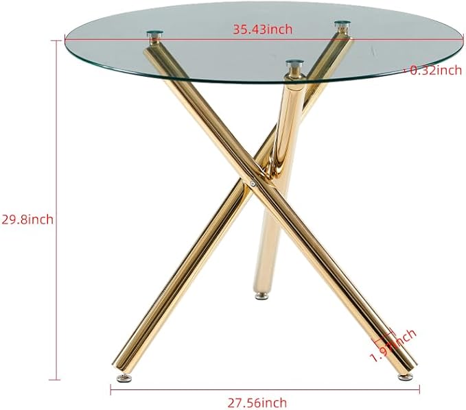 36" Round Dining Table for 4, Modern Clear Glass Kitchen Table for 4 with Gold Cross Metal Legs, Contemporary Small Circle Dining Room Leisure Tables for Kitchen Apartment