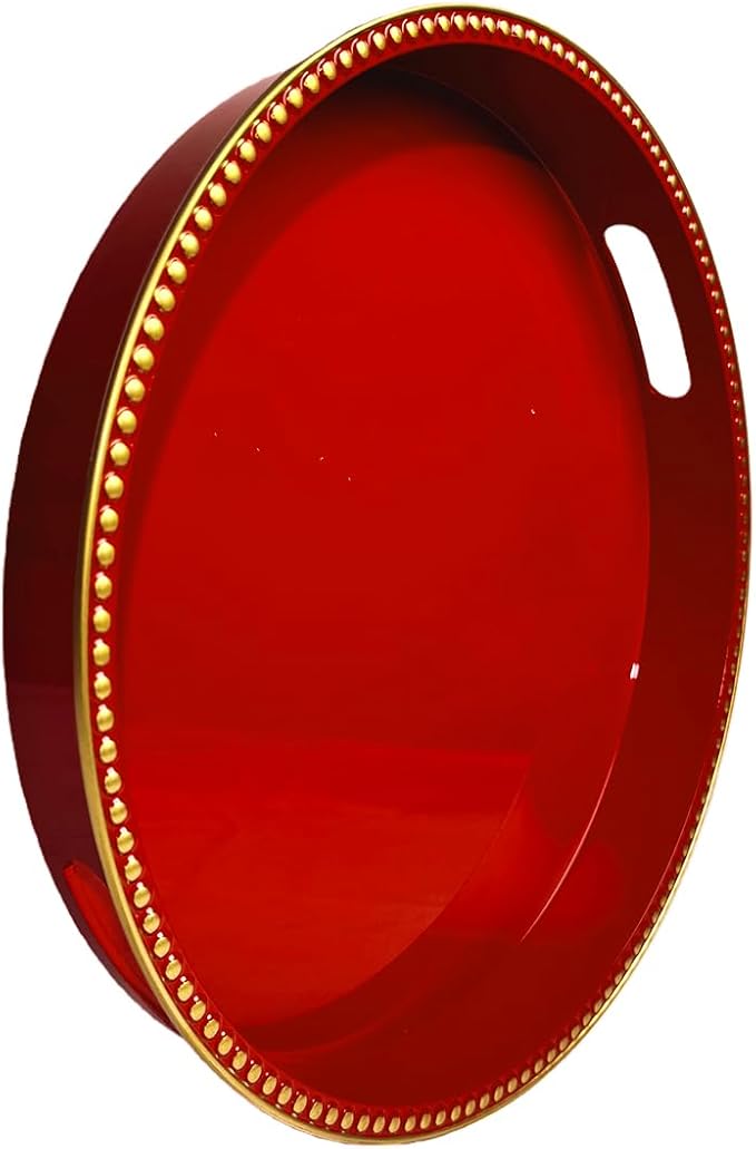 Red Decorative Tray for Coffee Table, Round Beaded Plastic Serving Tray forKitchen Counter, Ottoman, Living Room,(13")