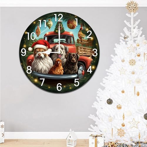 Christmas Dogs Chicken Truck Wall Clock Large Silent Non-Ticking Battery Operated Modern Clocks for Living Room Decor/Bedroom/Office (10x10 in)