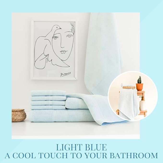 Luzia 8 Piece Towel Set - 100% Turkish Cotton, Premium Quality - 2 Bath Towels 2 Hand Towels and 4 Washcloths (Light Blue)