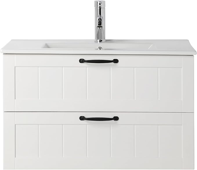 Goujxcy 31.5" Wall Mounted Bathroom Vanity with Sink, Modern Floating Bathroom Cabinet with Ceramic Sink & Double Drawers, Wood Hanging Bath Room Cabinet with Soft-Close System (White)