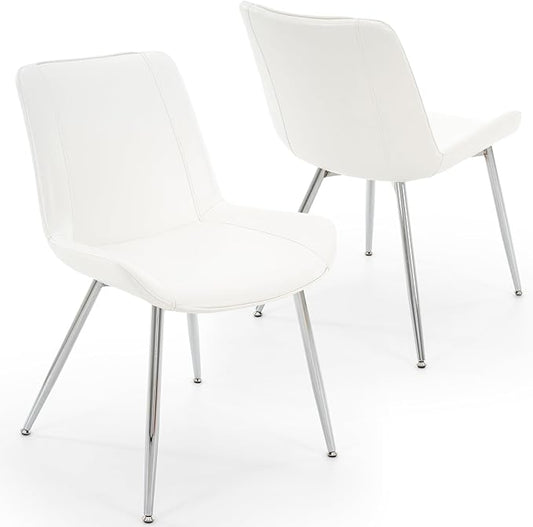Brage Living Dining Chairs Set of 2, PU Leather Modern Armless Kitchen Dining Room Chairs, Upholstered Accent Side Chairs with Metal Legs (White with Silver Legs)