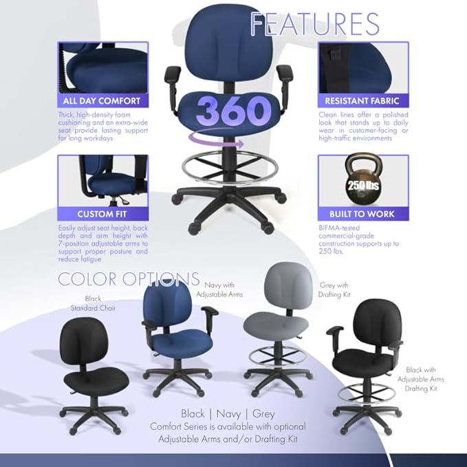 Romig Comfort Series Swivel Fabric Computer Task Chair with Adjustable Arms & Drafting Kit - Navy Blue