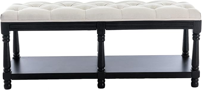 Kmax Storage Entryway Bench Tufted Shoe Rack Bench Black Wood Window Bench for Hallway Entrance Bedroom Corner, Beige