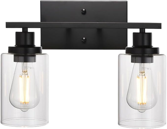 MELUCEE 2-Light Black Wall Sconce Industrial Vintage with Clear Glass Shade and Metal Base, Bathroom Vanity Lights Hallway Light Fixture Sconces Wall Lighting (Patent No.: US D963914 S)