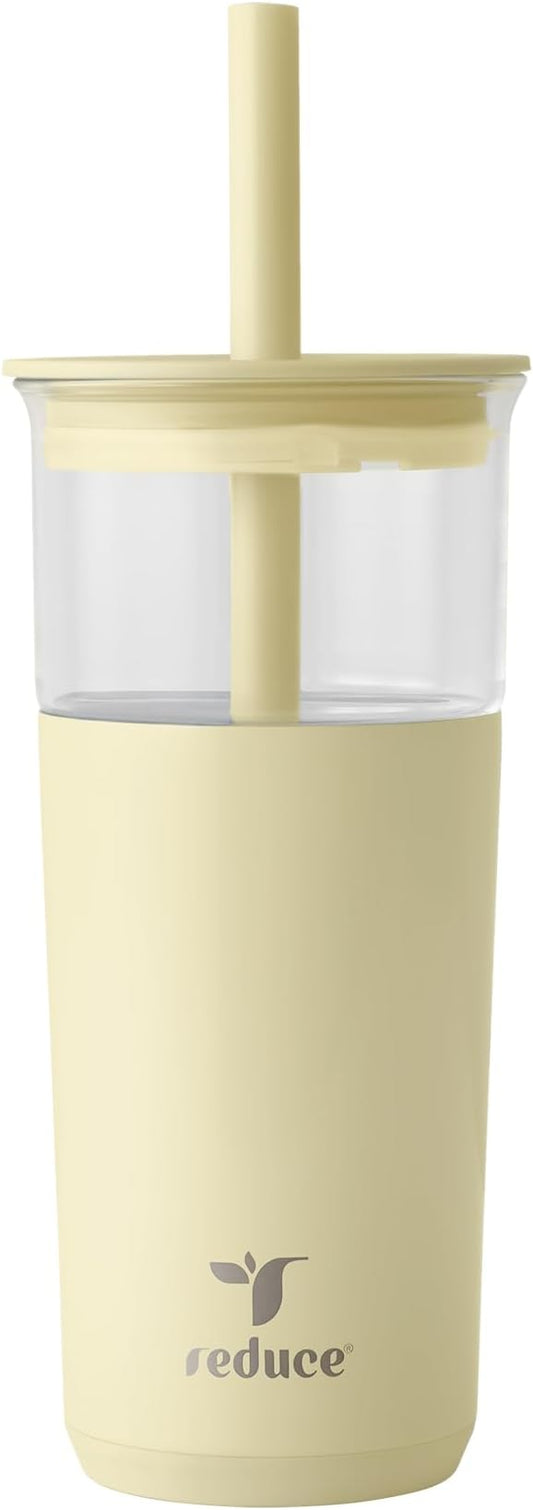 REDUCE Aspen 20 oz Vacuum Insulated Glass Tumbler with Lid & Extra Wide Straw - Keeps Drinks Cold for 12 Hrs - Ideal for Iced Coffee, Smoothies & Boba - Dishwasher Safe, Soft Base - French Vanilla