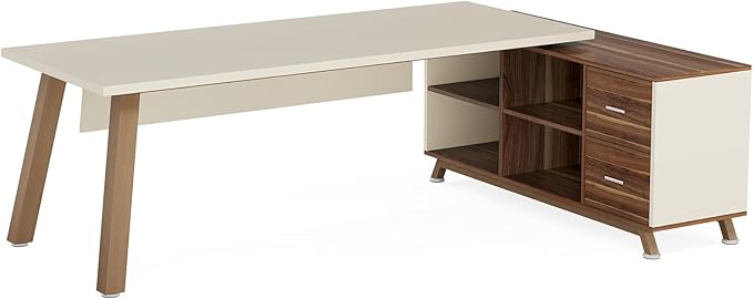 Tribesigns 78.7-Inch Executive Desk, L-Shaped Desk with 55-Inch Cabinet, Large Office Desk with Storage Shelves, Modern Computer Desk for Home Office, White & Walnut
