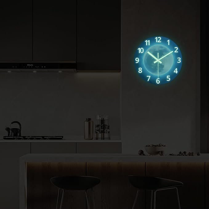 14 Inch Lighted Wall Clocks Battery Operated Blue Glow in The Dark Wall Clock for Kids Bedroom Silent Wall Clock Decorative