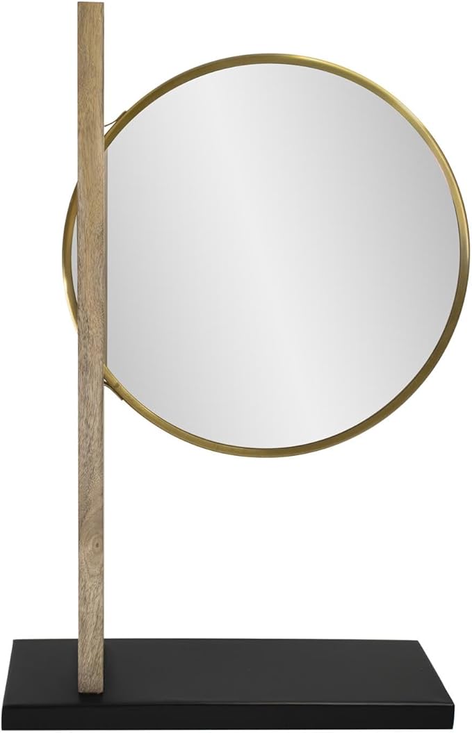 Howard Elliot Skoda Round Table Top Mirror with Stand, Table Desk Vanity Makeup Mirror with Stainless Steel Brushed Brass Frame & Mango Wood Base, Modern Accent Mirror Decor, Brass, 28.5 x 18 Inch