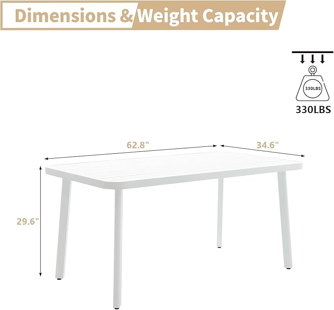 Outdoor Dining Table for 4 Person 62" Rectangle Aluminum Table Patio Furniture for Garden, Lawn, Patio, White