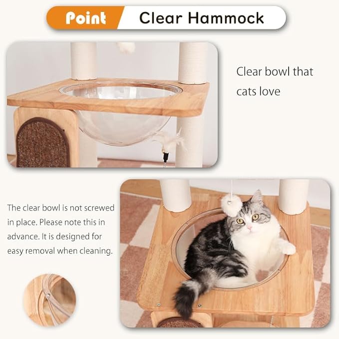 Wood Cat Tree for Large Cats, Modern Cat Tree Tower with Wide Shelves Cotton Scratching Posts, Super Sturdy Base, Cozy Perches, and Interactive Toys for Indoor Kittens 31-Inch