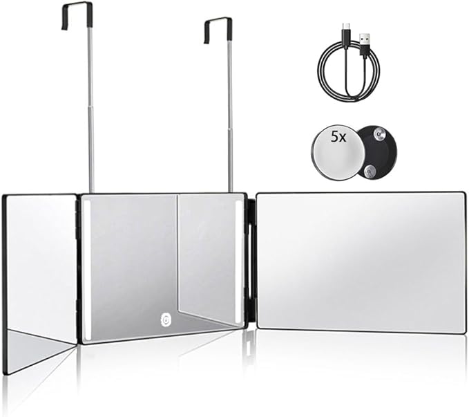 HIEEY 3 Way Mirror for Hair Cutting with LED,360 Trifold with Height Adjustable Telescoping Hooks,and 5X Magnification,for Makeup and Styling (Black)